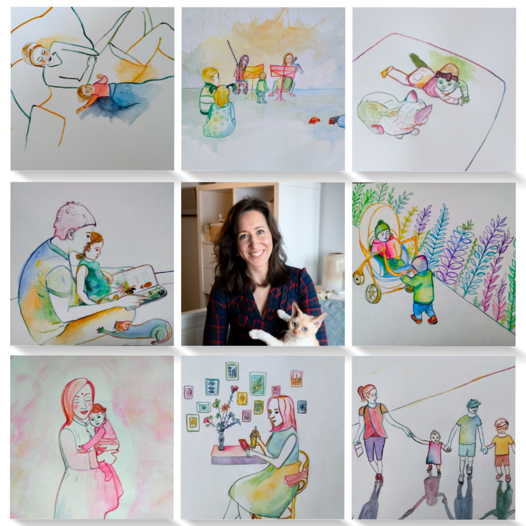 A collection of custom sketches arranged in a grid, showcasing heartfelt moments, with a photo of the artist in the center.