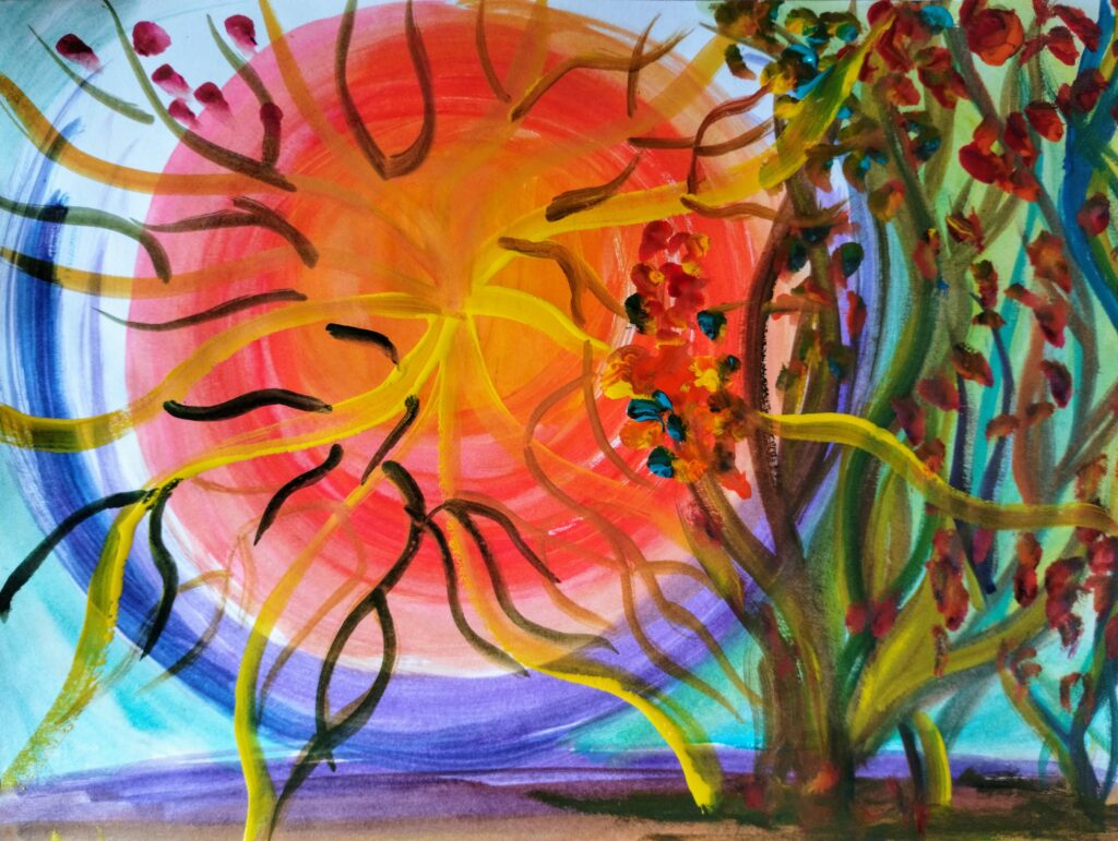 An abstract, colorful self-portrait created through intuitive painting, focusing on shapes, colors, and expressions that reflect the artist’s personal journey of self-discovery and transformation. The artwork captures the essence of matrescence, representing the evolution of identity and the balance between personal needs and motherhood.