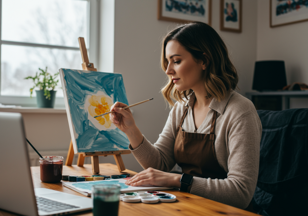 A woman in her early 30s sits at a table with a laptop open nearby, engaged in intuitive painting during an online course titled "MumsMeTime." She looks relaxed and focused, enjoying quality “me time” to rediscover herself through art in a virtual learning environment.