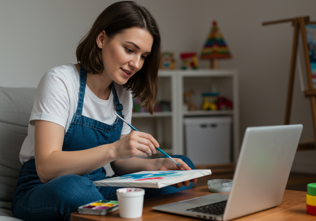Mutter nimmt am Online Workshop für Mütter teil, sitzt vor dem Computer und malt intuitiv.