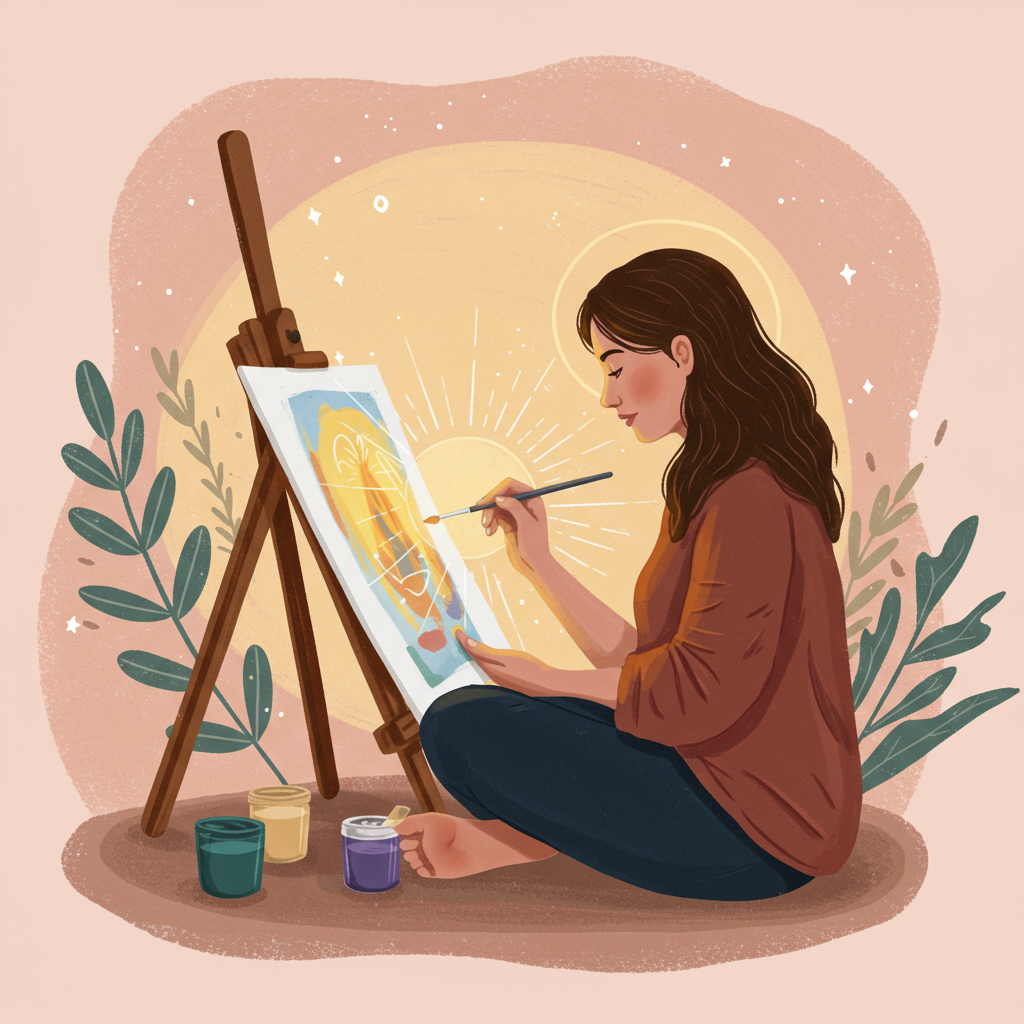 Frau entspannt und malt intuitiv – Symbol für den kreativen und meditativen Online-Workshop ‚Innere Flamme‘ für Mütter, um zu sich selbst zurückzufinden und neue Energie zu schöpfen.